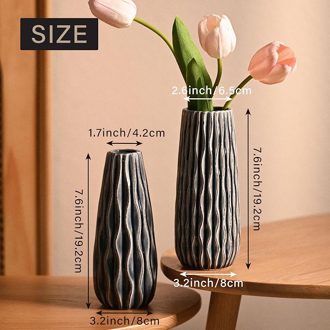 VICTOR & TERESA Ceramic Vase for Flowers, 8'' Set of 2 Decorative Vintage Blue Vases for Home Decor, Farmhouse Vases for Pampas Grass, Table, Mantel, Living Room, Shelf, Centerpieces, Gifts for Mom