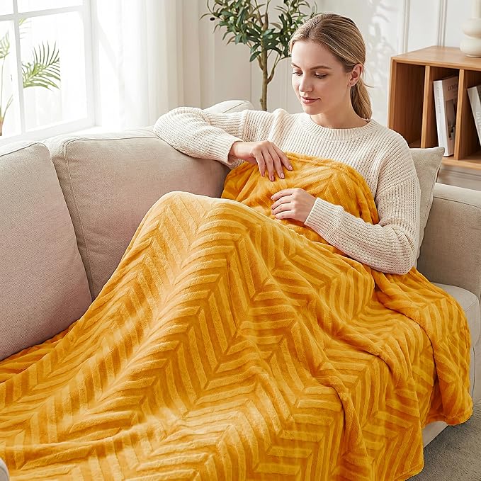 Whale Flotilla Flannel Fleece Fall Throw Blanket for Couch, Lemon Yellow | Lightweight Breathable Soft Sofa Throws, Plush Fluffy Chevron Design Decorative Blankets for Home Life, 50x60 Inch