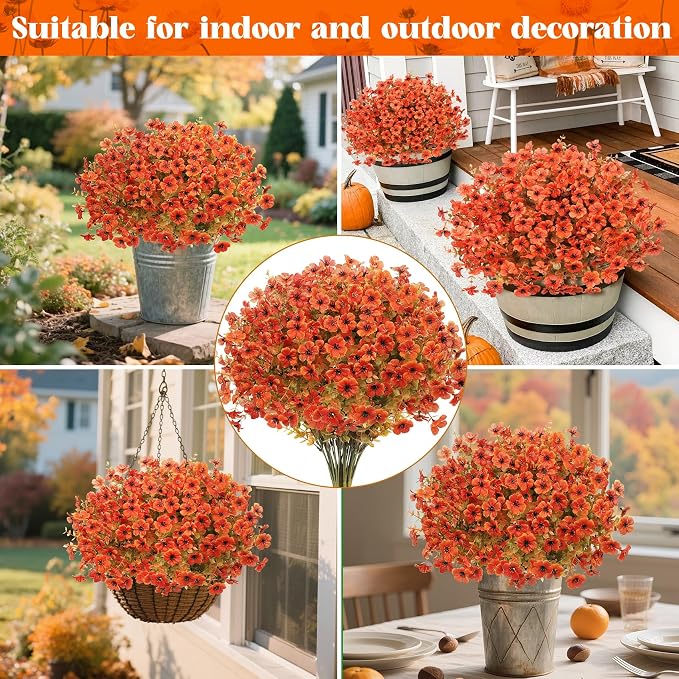 24 Pcs Artificial Fall Flowers, Fake Mums Outdoors, Fall Orange | Lifelike faux mums, silk flower, UV resistant, no-maintenance, for autumn Thanksgiving garden porch yard indoor outdoor decor