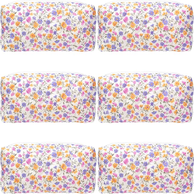 PAZIMIIK Small Quilted Makeup Bag,Zipper Cosmetic Pouch,Ditsy Floral,6 Pack | Lightweight Cosmetic Bag Organizer for Women,Purse Storage Holds Makeup,Toiletries,Skincare,Beauty Essentials,Travel Items