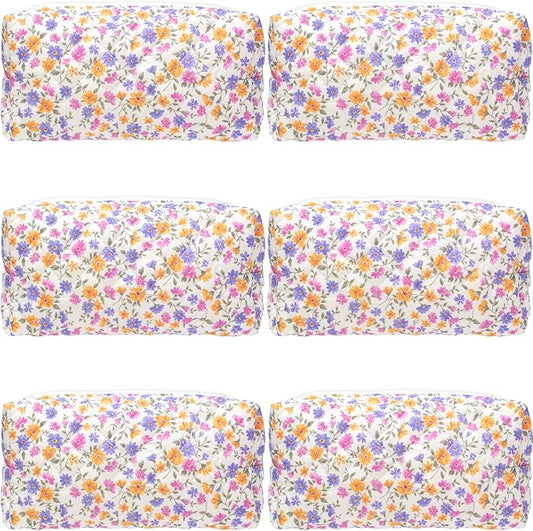 PAZIMIIK Small Quilted Makeup Bag,Zipper Cosmetic Pouch,Ditsy Floral,6 Pack | Lightweight Cosmetic Bag Organizer for Women,Purse Storage Holds Makeup,Toiletries,Skincare,Beauty Essentials,Travel Items
