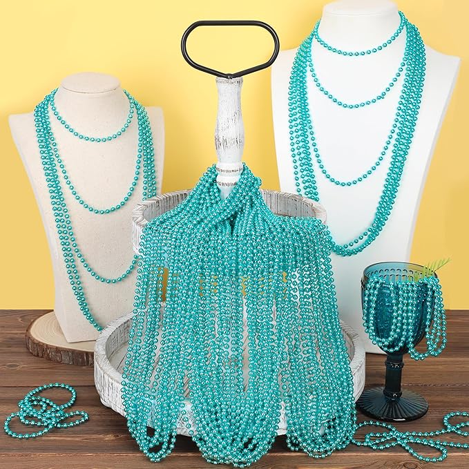30PCS Mardi Gras Beads, Metallic Teal Blue Bead Necklace, 33" Mardi Gras Necklace Party Favors Stuff, Festival Parade Throw Accessories for Gender Reveal Wedding Birthday Party Supplies Decor