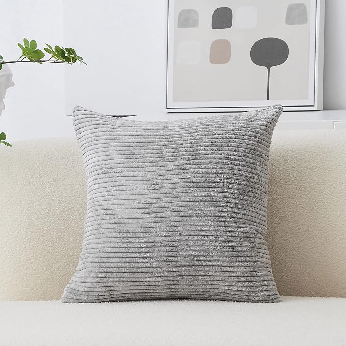 Home Brilliant Throw Pillow Cover 20x20 Soft Plush Striped Pillow Cover Neutral Grey Corduroy Pillow Case for Chair Living Room Furniture Decor, 20 x 20 inch (50cm), Light Grey