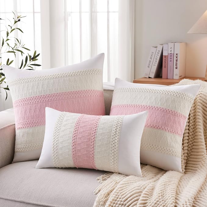 2pk Boho Pillow Covers 16x16, Natural White/Contrast/Light Pink | 100% Organic Cotton Body, Stripe Embroidery, Farmhouse Decorative Cushion Covers for Sofa Bed Living Room Home Decor