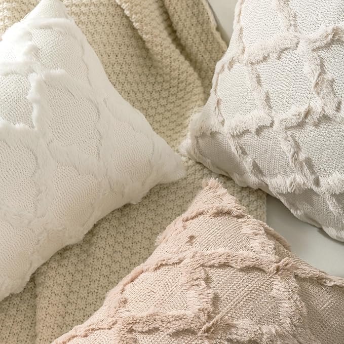 Set of 2 Soft Moroccan Throw Pillow Covers 20x20 Inch Plush Boho Decorative Pillow Cover Accent Cushion Case for Couch Sofa Bed, Cream White
