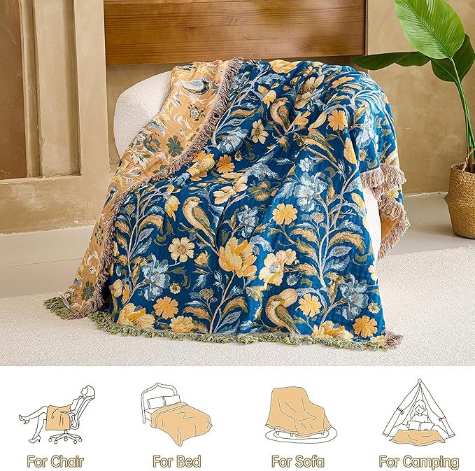VANJOROY Boho Throw Blanket, 100% Organic Cotton Breathable Ultra Soft 50" x 60" Bed Quilt Blue Throw - All Season Bird Floral Rustic Farmhouse Decor Reversible Blanket for Couch Chair and Gift