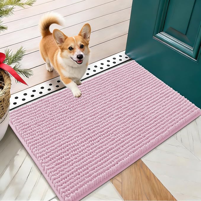 OLANLY Dog Door Mat for Muddy Paws 24x16, Extra Absorbent Chenille Mud Mat | Dusty Rose, Absorbs Moisture and Dirt, Non-Slip Machine Washable Doormat, Quick-Drying Indoor Entryway Floor Mat for Dogs