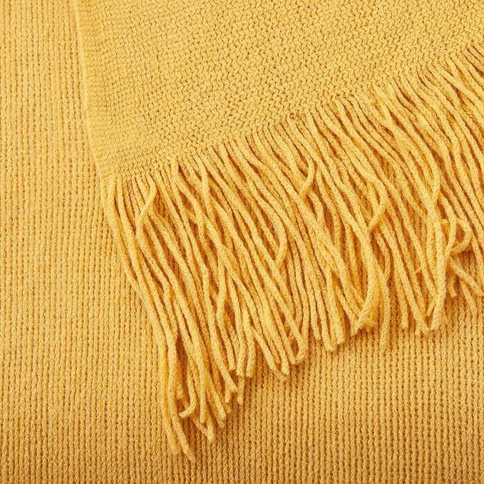 Vonty Mustard Yellow Knitted Throw Blanket with Tassels, 50x60 Acrylic | Super Soft And Lightweight, Year-Round Cozy Warmth, Farmhouse Decorative Style, Machine Washable, for Couch, Sofa or Bed