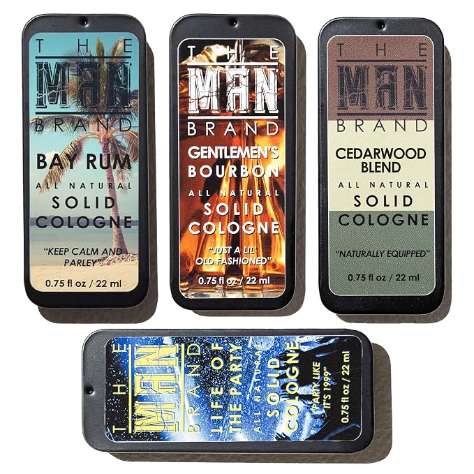Solid Cologne Set with Bay Rum Solid Cologne, Bourbon Solid Cologne, Woodsman, and Life of the Party Solid Cologne - (Wolfpack Solid Cologne Sampler - 4 Pack - 0.75 oz each)
