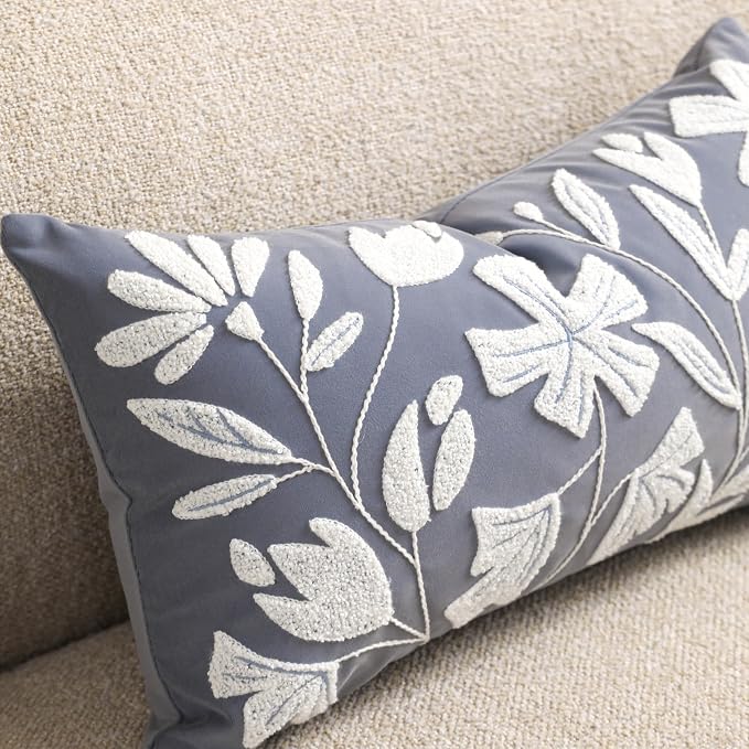 Decorative Lumbar Pillow Cover 12x20, Coastal Dusty Blue Accent Velvet Throw Pillowcase for Couch Sofa Living Room, Floral Tufted Rectangular Cushion, Cover Only