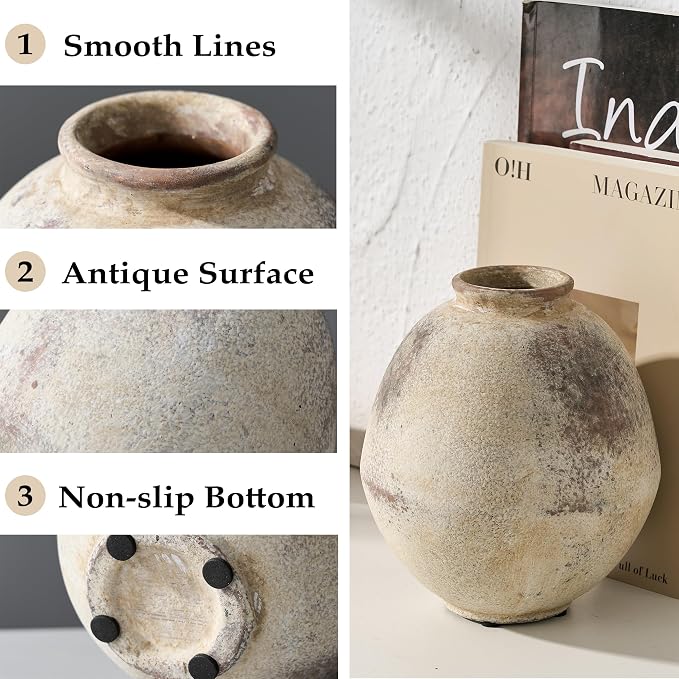 PORCER Ceramic Flower Vase, 6.22 Inch Rustic Farmhouse Vase Home Decor, Handcrafted Vintage Pottery Vase, Small Terracotta Vases for Living Room, Table, Shelf, Fireplace-Natural Brown