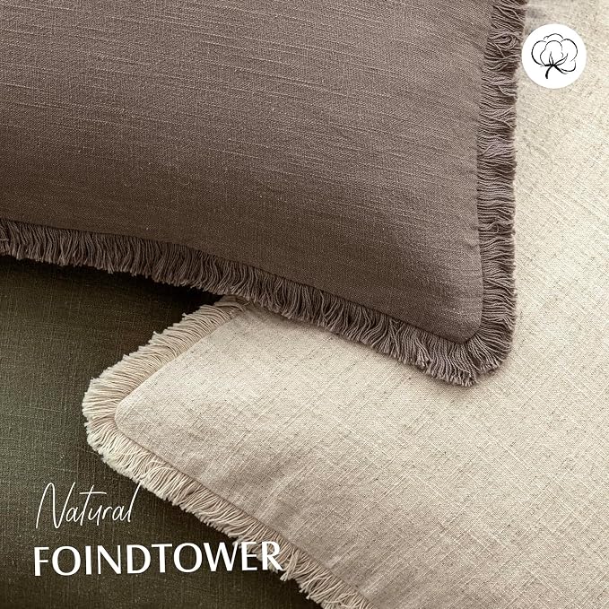 Foindtower Set of 2 Decorative Linen Fringe Throw Pillow Covers Cozy Farmhouse Cushion Cover with Tassels Accent Pillowcase for Couch Chair Sofa Bed Living Room Home Decor,18×18 Inch,Light Coffee