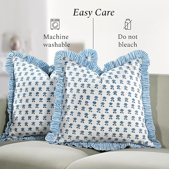 CPC Arctic Blue Hand Block Print 100% Cotton Ruffle Throw Pillow Cover 24x24 inch with Hidden Zipper Decorative for Couch, Bed, Sofa, Farmhouse, Cottagecore Decor Gift Christmas Fall Thanksgiving