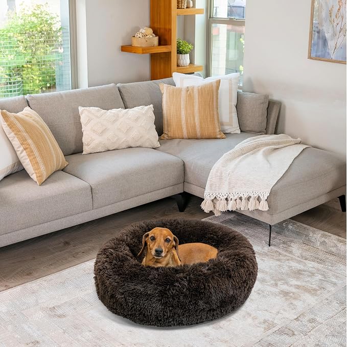 Best Friends by Sheri The Original Calming Donut Dog Bed for Small Dogs up to 25 lbs, Shag Faux Fur, Dark Chocolate, 23" x 23"