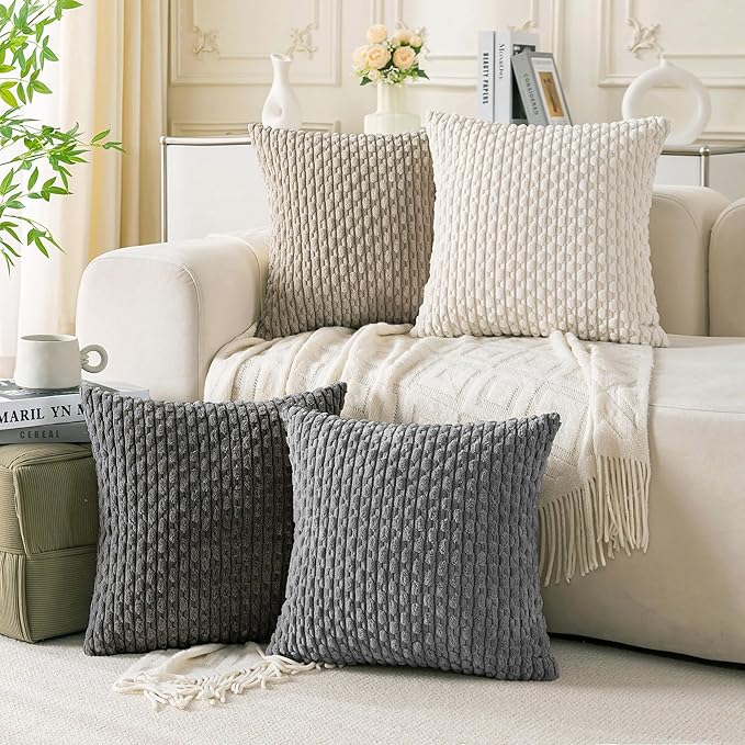 Set of 4 Grey White Taupe Decorative Throw Pillow Covers 16x16 Inch Corduroy Pillow Covers for Bed Couch Sofa Living Room Soft Square Cushion Cases