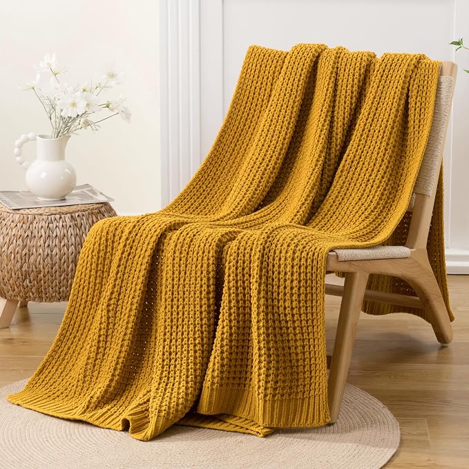 Waffle Knit Throw Blanket, Mustard Yellow Throw Blanket for Couch 50"x60" | Chunky Chenille Throw Blanket, Soft Fall Mustard Throw Blanket for Home Decor, Modern Farmhouse Knitted Style