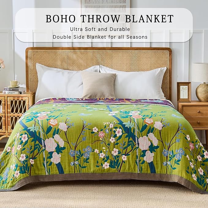Boho Throw Blanket Farmhouse Decor Throw Blanket Bohemian Blanket for Bed 100% Cotton Muslin Woven Couch Blanket All Seasons Quilt Bedroom (I-Green, 60"x80")