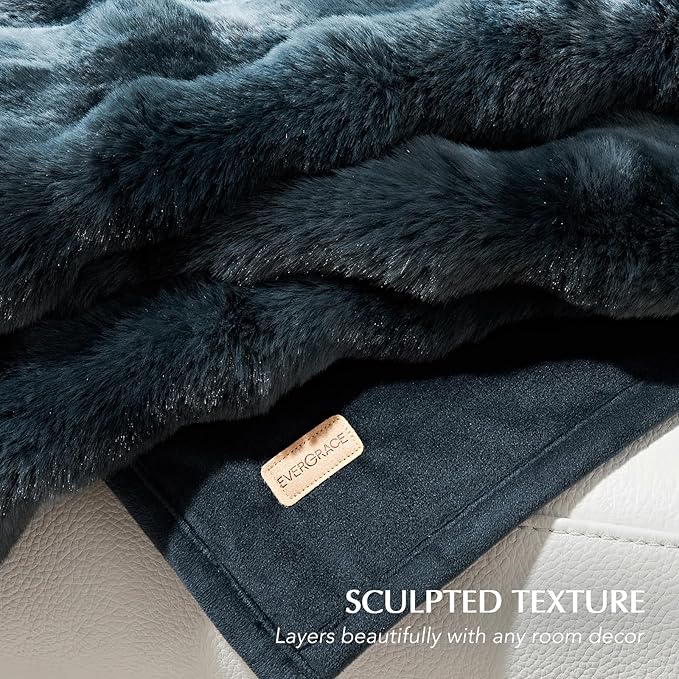 Faux Rabbit Fur Bubble Throw Blanket, 60"x80", Marble Deep Indigo | Ultra Soft, Luxury Faux Rabbit Fur Throw, Thick Warm Bubble Blanket, Cozy Fluffy Reversible, for Bed, Couch, Chair, Sofa