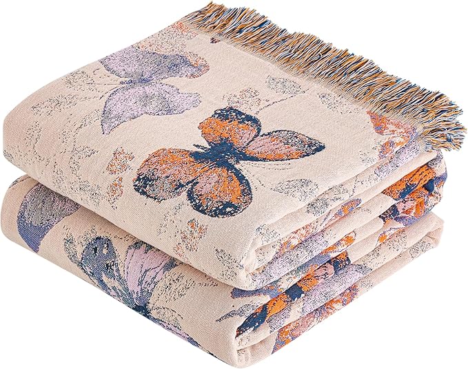 VANJOROY Boho Throw Blanket, 100% Organic Cotton Breathable Ultra Soft 80" x 90" Bed Quilt Throw - All Season Floral Rustic Farmhouse Decor Luxury Reversible Blanket for Sofa Couch Chair and Gift