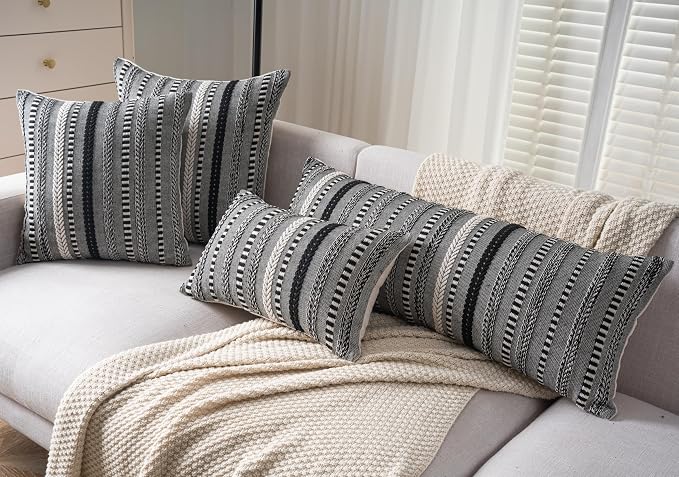 Cethom Boho Lumbar Pillow Covers 14x36 Long, Farmhouse Decorative Couch Pillow Cases, Black Accent Pillows of Bed, Sofa Bedroom Living Room Home Decor Cushion Cover, Pack of 1