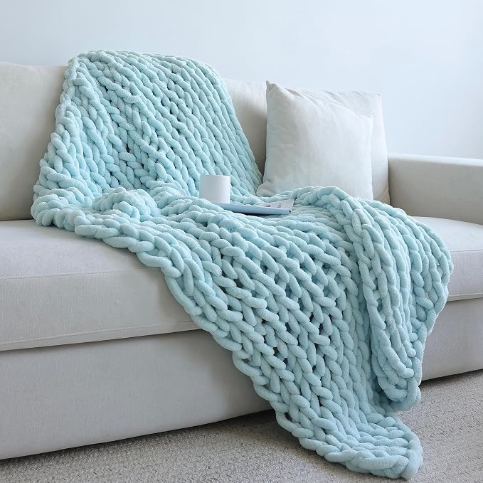 Maetoow Chenille Chunky Knit Blanket，Handmade Cozy for Home Decor，60×80，Baby Blue