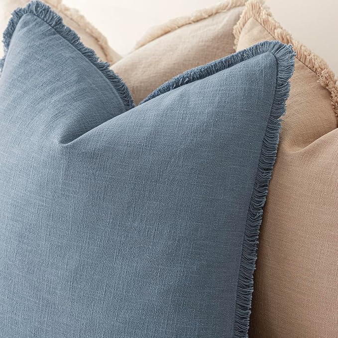 Foindtower Set of 2 Decorative Linen Fringe Throw Pillow Covers Cozy Boho Farmhouse Cushion Cover with Tassels Soft Accent Pillowcase for Couch Sofa Bed Living Room Home Decor, 16×16 Inch, Misty Blue