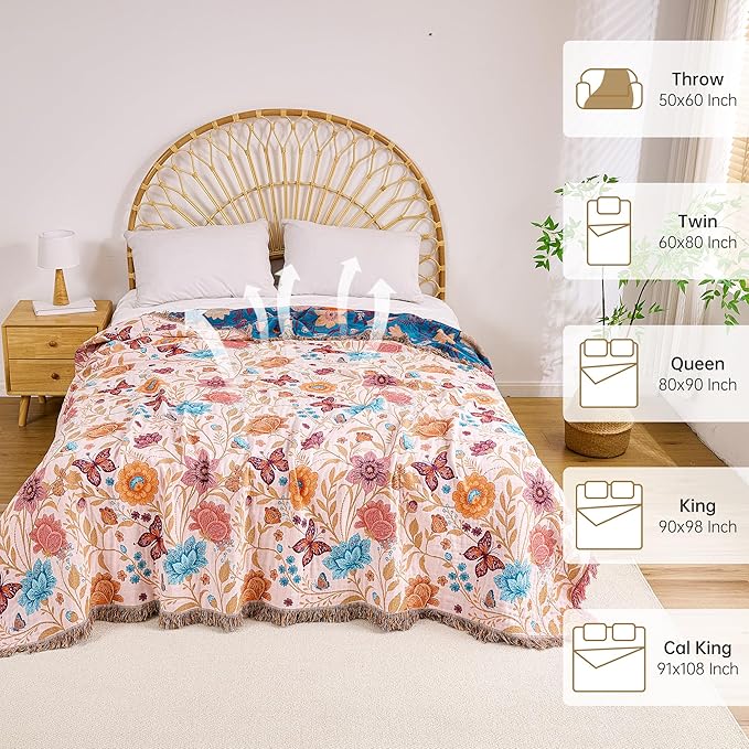 VANJOROY Boho Throw Blanket, 100% Organic Cotton Breathable Ultra Soft 50" x 60" Bed Quilt Throw - All Season Floral Rustic Farmhouse Decor Luxury Reversible Blanket for Sofa Couch Chair and Gift
