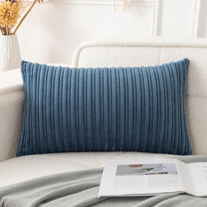UGASA 14x20 Inch Pillow Cover Pack of 1 Soft Boho Stripe Corduroy Long Rectangular Lumbar Cushion Cover Farmhouse Decorative Throw Pillowcase for Bed, Couch, Sofa, Bedroom, Living Room, Dusty Blue