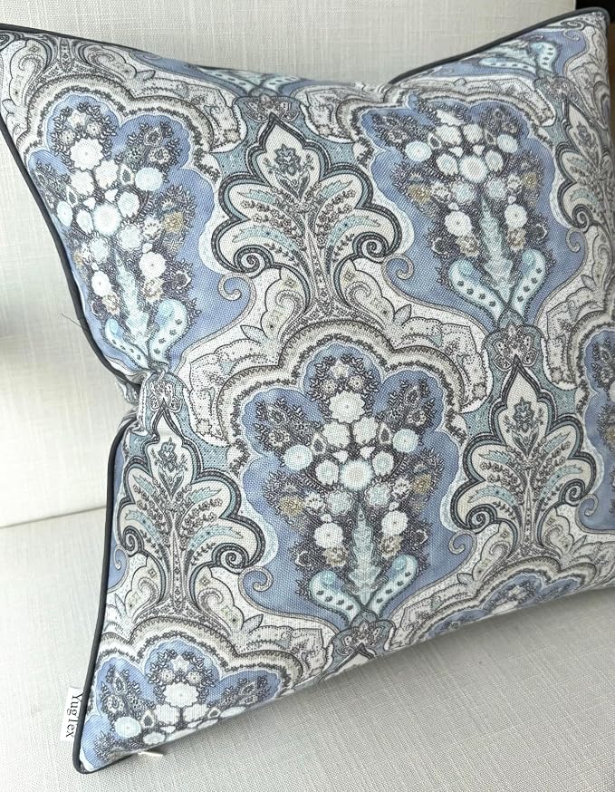 Paisley Medallion Print 20x20 Throw Pillow Cover, Blue | Blue paisley medallion on chambray slub, navy piping; both sides printed; hidden zip; cover only