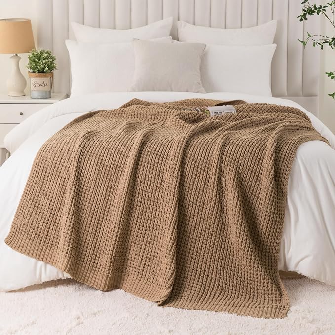 Beige Throw Blanket for Couch, Tan Waffle Knitted Throw Blankets 60"x80" | Farmhouse Throw Blanket for Home Decor, Neutral Knitted Beige Blanket, Decorative Soft Chunky Chenille Throw for Bed Sofa