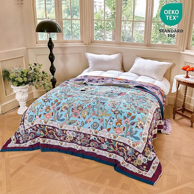 MSGKV Boho Throw Blanket 60"x80" Summer Cotton Birds Floral Blanket for Bed | 100 Cotton Muslin, Bird & Floral Throw Blanket, Reversible Weave, Soft & Breathable, Nature Inspired Design, Machine Washable