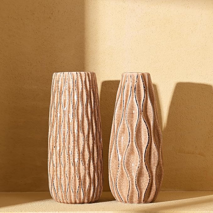 VICTOR & TERESA Ceramic Vase for Flowers, 10'' Set of 2 Decorative Rustic Beige Vases for Home Decor, Farmhouse Vases for Pampas Grass, Table, Mantel, Living Room, Shelf, Centerpieces, Gifts for Mom