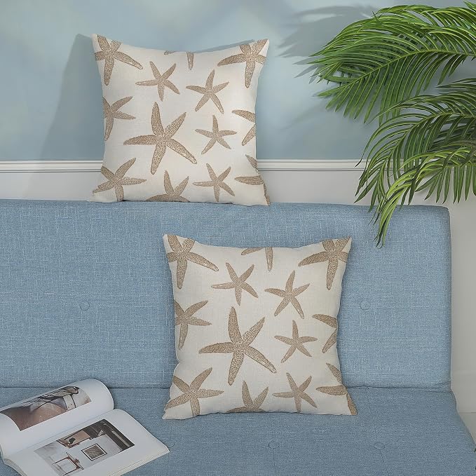 Brown Starfish Pillow Covers 16x16 Set of 2 Coastal Throw Pillows Spring Summer Nautical Ocean Theme Beach Decorative Pillow Cases Farmhouse Outdoor Decor Linen Cushion Case for Couch Sofa