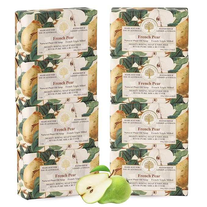 Wavertree & London French Pear Scented Natural Soap (8 Bars), 7oz Moisturizing French Triple Milled Soap Bars enriched with shea butter - Pure Plant Oil Bath & Body Bars for All Skin Types