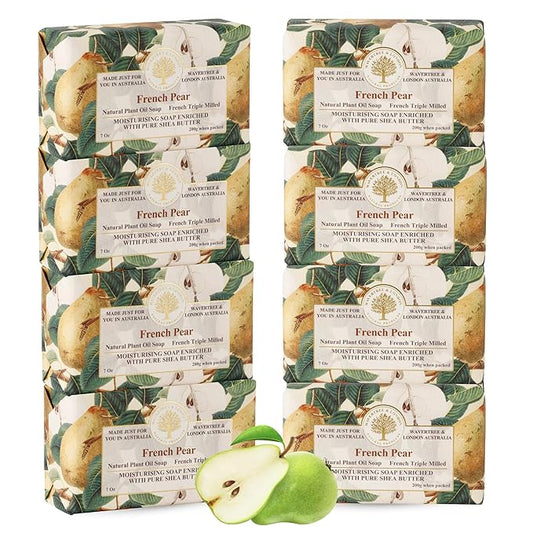 Wavertree & London French Pear Scented Natural Soap (8 Bars), 7oz Moisturizing French Triple Milled Soap Bars enriched with shea butter - Pure Plant Oil Bath & Body Bars for All Skin Types