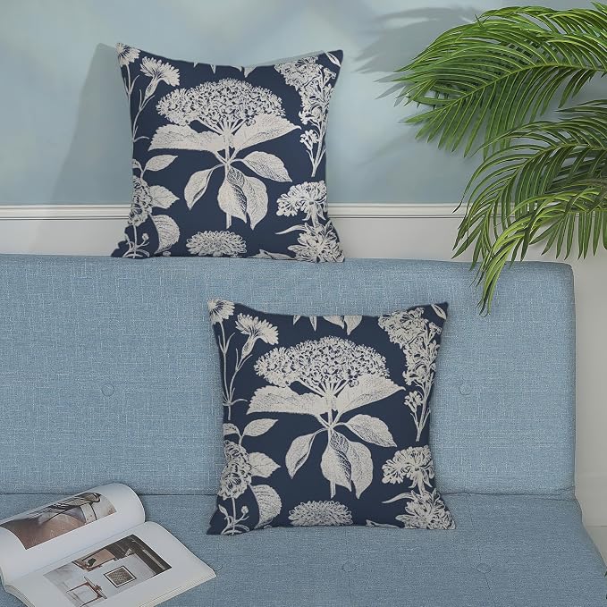 Floral Pillow Covers 18x18 Set of 2 Blue Beige Hydrangea Herbs Botanical Throw Pillow Covers Outdoor Decor Vintage Boho Flower Pillowcase Farmhouse Decorative Linen Cushion Case for Couch Sofa