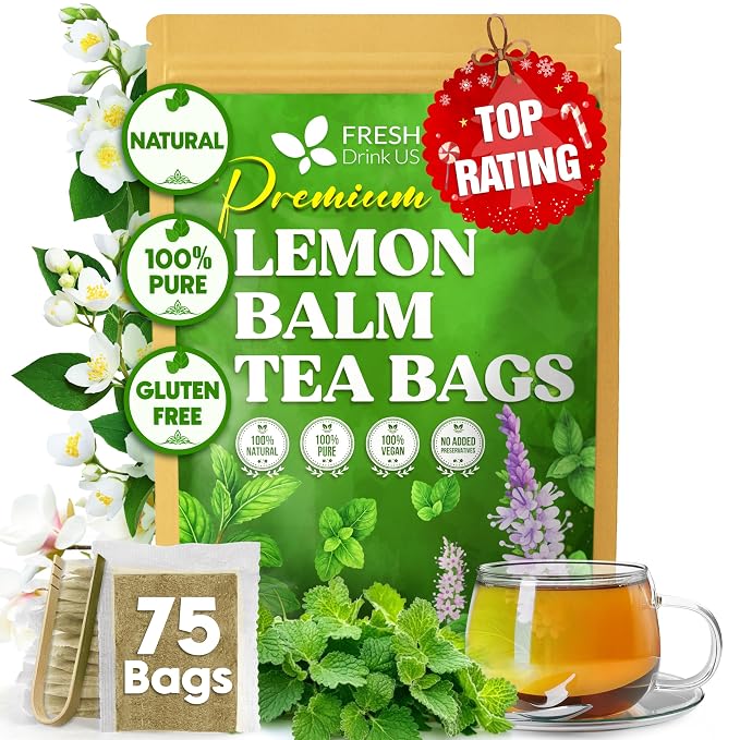 FreshDrinkUS, Lemon Balm Tea Bags | 75 Count |100% Pure Melissa officinalis – Naturally Calming Herbal Tea | Caffeine-Free, Premium Quality, Refreshing Flavor, Sustainably Sourced