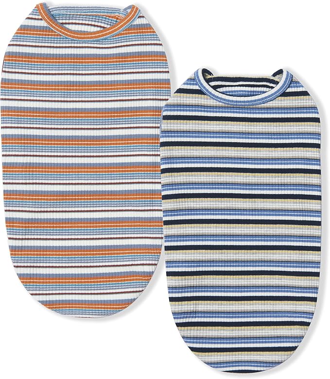 Dog Shirts Vest Cotton Striped T-Shirt, Sleeveless Stretchy Pet Clothes for Small Dogs, 2-Pack Soft Breathable Puppy Tank Top Cat Tee (XX-Large, Blue,Yellow)