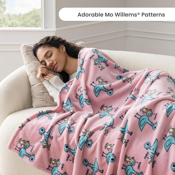 Berkshire Mo Willems® VelvetLoft® Throw Blanket - Super Soft Plush Elephant & Piggie Character Design - Cozy Home Decor, Pigeon Hello Print Pink, 50 in x 70 in(Official Mo Willems® Product)