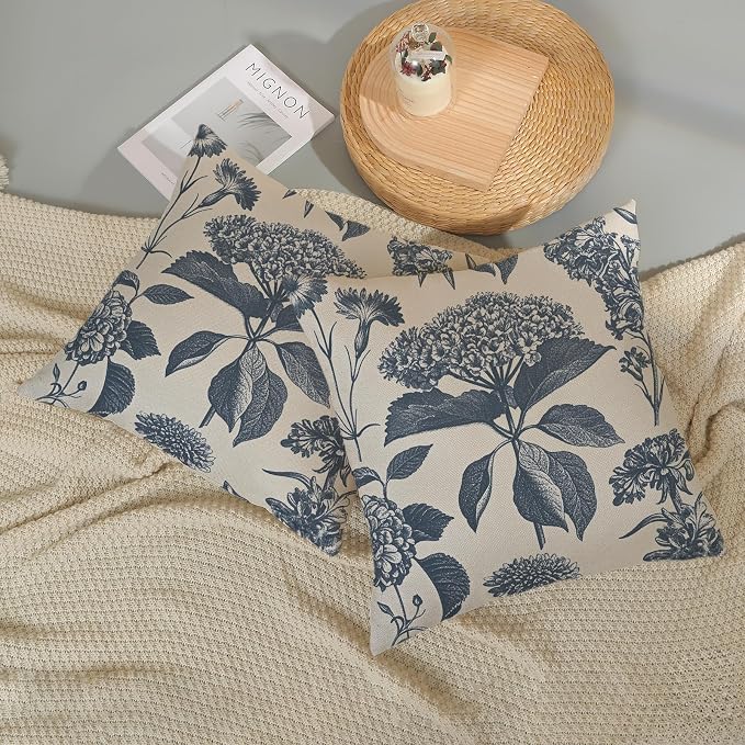 Floral Pillow Covers 18x18 Set of 2 Vintage Blue Hydrangea Herbs Botanical Throw Pillow Cover Outdoor Decoration Boho Flower Pillowcase Farmhouse Decorative Linen Cushion Case for Couch Sofa