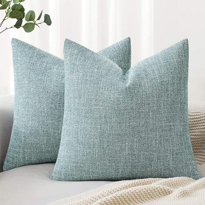 MIULEE Pack of 2 Decorative Linen Burlap Coastal Pillow Covers Farmhouse Boho Accent Pillowcases for Sofa Car Couch Bedroom Living Room Decor 20x20 Inch Teal