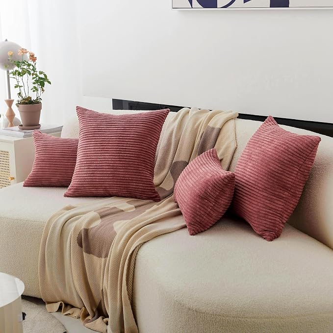 Home Brilliant Pink Throw Pillow for Bedroom Striped Velvet Corduroy Euro Sham Large Pillow Case for Sofa, 24 x 24 inch (60cm), Dry Rose Pink