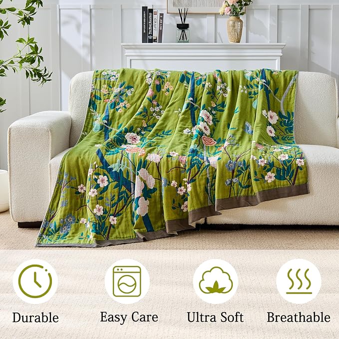 Boho Throw Blanket Farmhouse Decor Throw Blanket Bohemian Blanket for Bed 100% Cotton Muslin Woven Couch Blanket All Seasons Quilt Bedroom (I-Green, 60"x80")