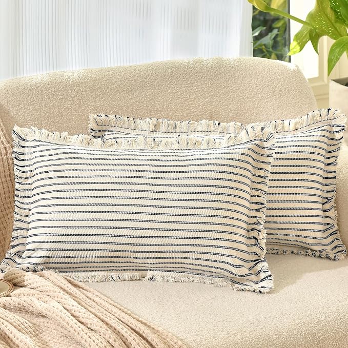 Throw Pillow Covers 12x20 Set of 2 Striped Pillow Covers with Fringe Chic Cotton Decorative Pillows Square Cushion Covers for Sofa Couch Bed Living Room Farmhouse Decor, (Navy)