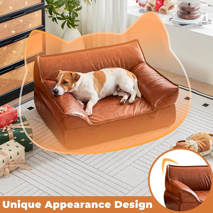 Dog Couch Bed Leather Cat Sofa for Small and Medium Pets Under 50 lbs | Brown Mid Century Modern Elevated Dog Sofa Chair, Luxurious Indoor Furniture Style Pet Supplies for Puppy