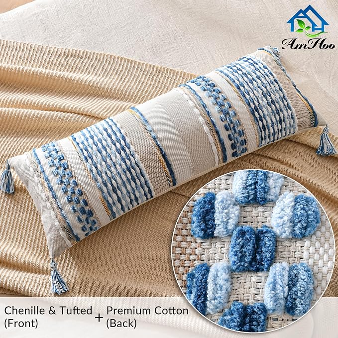 Chenille Striped Textured Boho Throw Pillow Covers Aesthetic with Tassels Woven Decorative Pillow Case for Couch Bed Sofa Bedroom Modern Funky 14 x 36-Inch Sky Blue