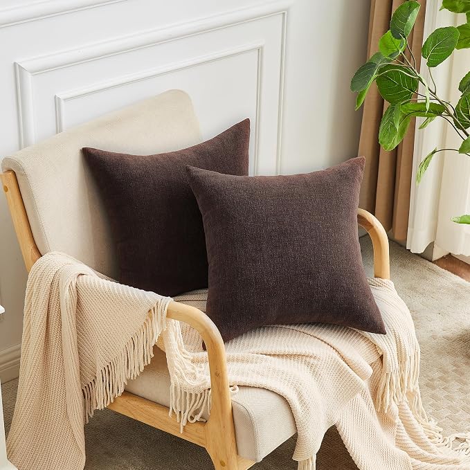 GAWAMAY Decorative Square Throw Pillow Covers 22x22 Inch Set of 2, Super Soft Chenille Pillows Farmhouse Fall Pillowcase for Living Room Bedroom Sofa Couch Cushion Cover Coffee 55x55cm (No Inserts)