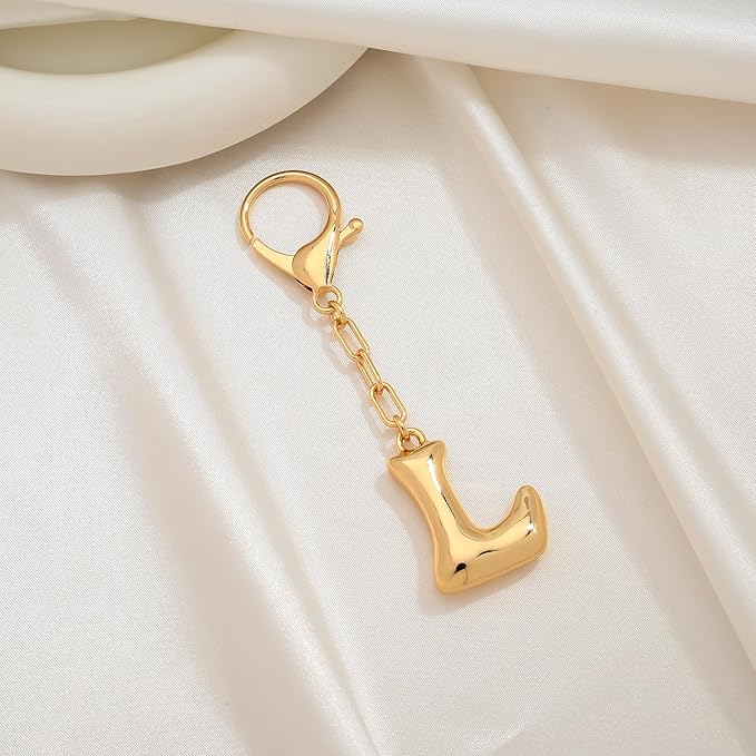 WOWORAMA Initial Letter Keychain for Women Chunky Gold Bubble Letter Bag Charm Purse Charm Personalized Keyrings Accessories