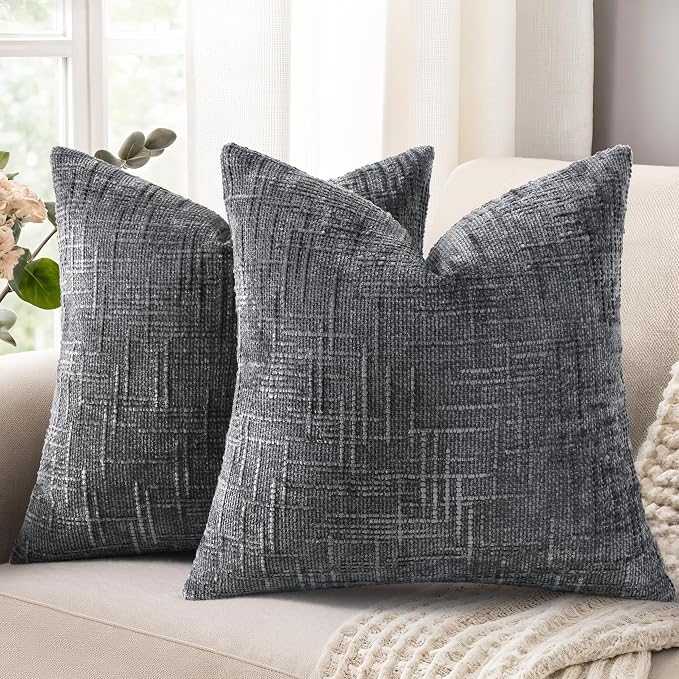decorUhome Textured Chenille Throw Pillow Covers 20x20 Set of 2 Dark Grey | Fall Modern Farmhouse Soft Cozy Slubby Couch Pillow Cases Boho Decorative Pillow Cases for Bed Sofa Living Room Home Decor