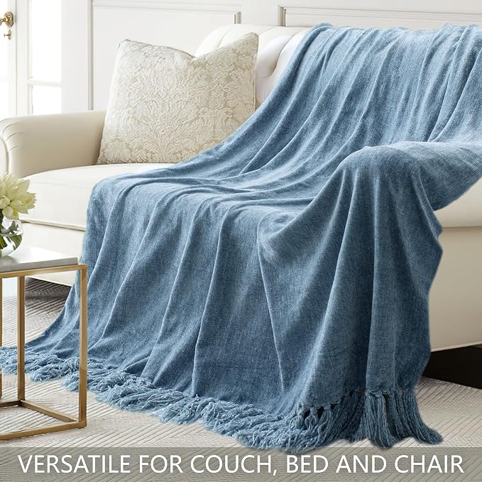 Chenille Throw Blanket for Couch 60" x 80" Twin, Dusty Blue | Soft Cozy Warm Throws with Fringe Tassel, for Living Room Bed Sofa Chair Cover, Lightweight Knitted Decorative Boho Blankets